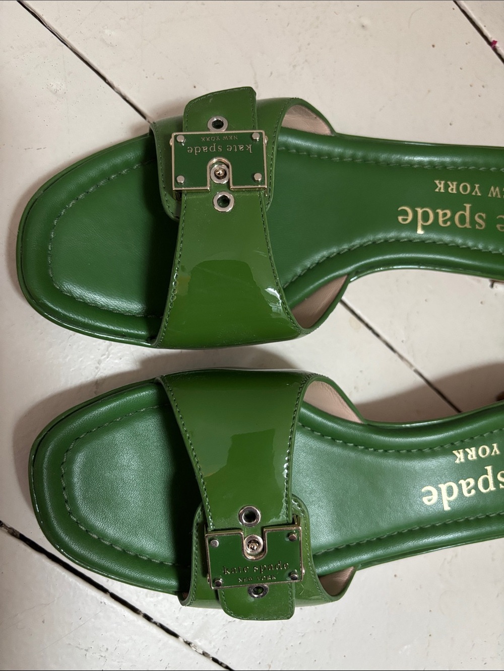 kate spade Green Patent Leather Slide Mules with Gold Buckle - Picture 4 of 6